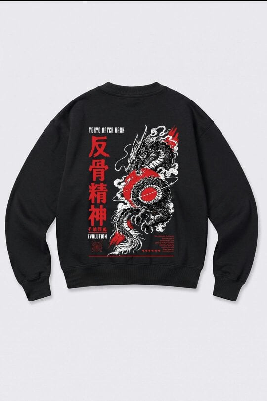 London Attitude Oversized Tokyo After Dark Graphic Sweatshirt in Black