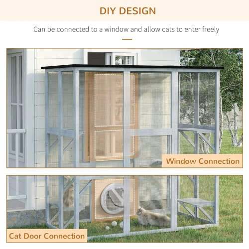 Wooden Catio Cat Outdoor Enclosure, Cat Cage with Waterproof Roof, Platforms, for Multiple Kittens, 180 x 98 x 180 cm
