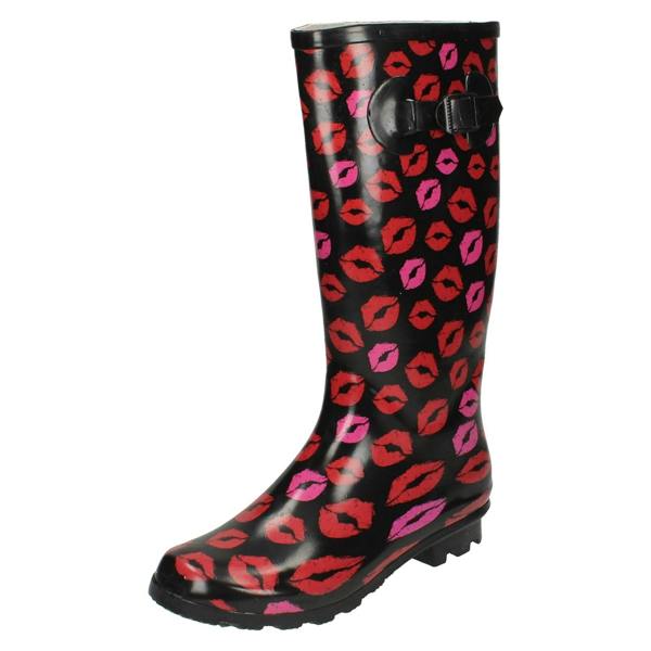 Spot On Ladies Spot On Printed Lips Wellington Boots
