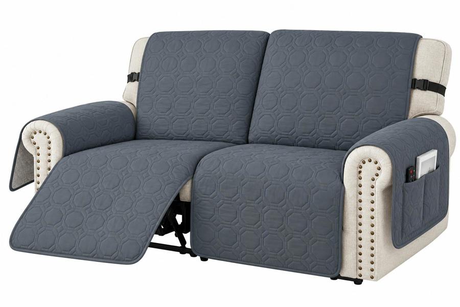 ATEK Water Resistant Recliner Sofa Cover 2 Seater Non Slip Quilted Furniture Protector with Pockets – Grey