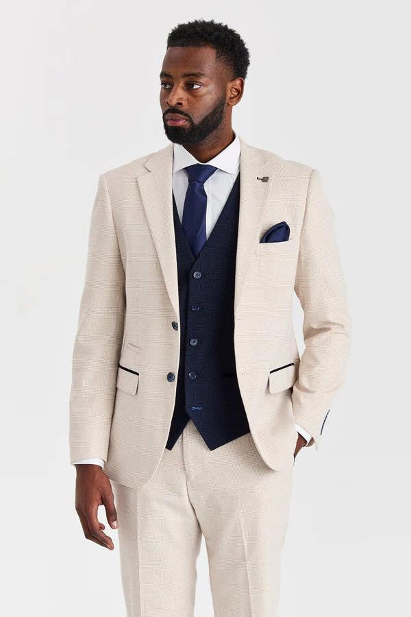 Paul Andrew Regent Cream Check Suit with Regent Navy Waistcoat
