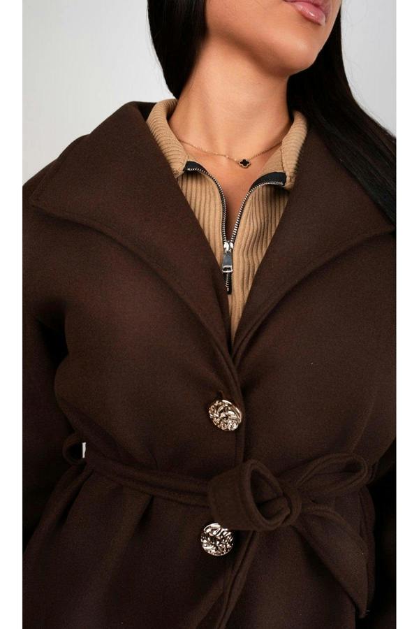 Marelle Belted Longline Coat With Button Detail - Brown