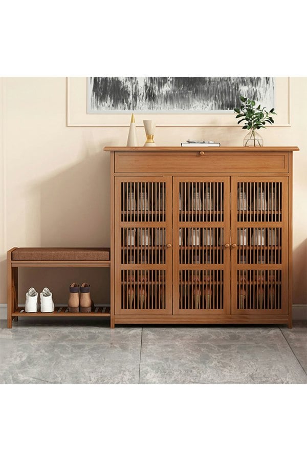 Living and Home Bamboo Entryway Storage Shoe Cabinet with Bench