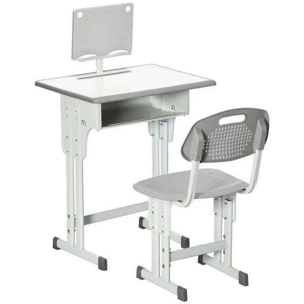 Kids adjustable desk and chair set with grey tabletop and chair, plus reading board
