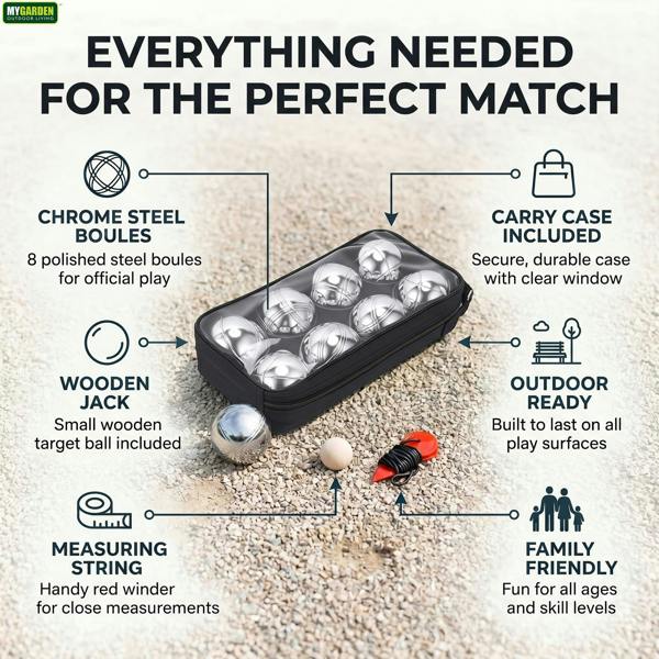My Garden Outdoor Living French Boules Set - 8x Steel Bocce Ball with Wooden Jack. Measuring String & Zippered Carry Case For Garden Games