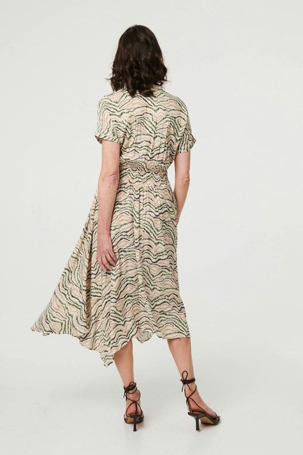 Green | Printed Short Sleeve Shirred Midi Dress
