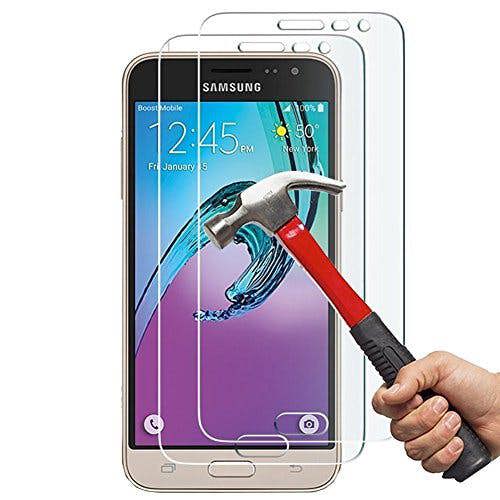 Samsung Galaxy J3 2016 Protector, Tempered Glass Protective Films Invisible Transparent Clear Protection Display Shield - (Pack of 2)