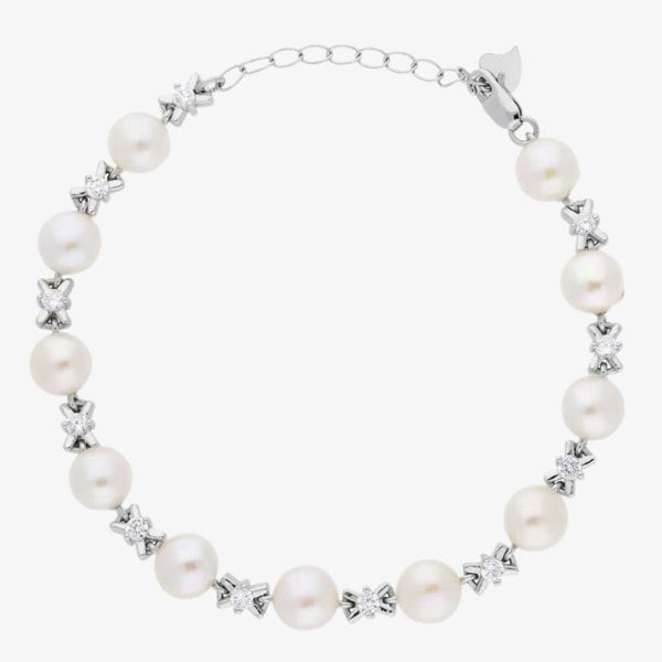 T. H. Baker Silver Side Drilled Freshwater Pearl and Cubic Zirconia Kiss Bracelet BRW70031FW