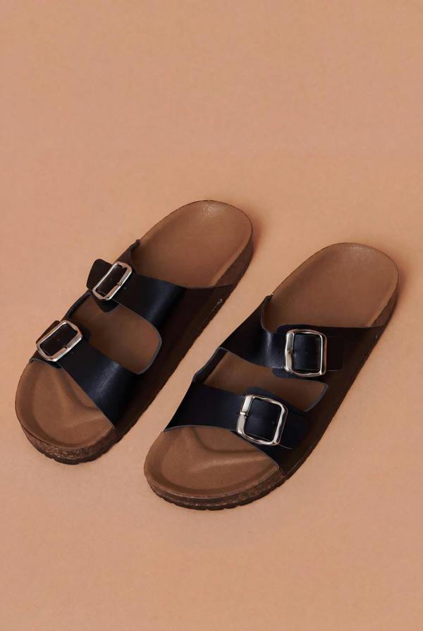 Black | Faux Leather Buckle Strap Flat Sandals