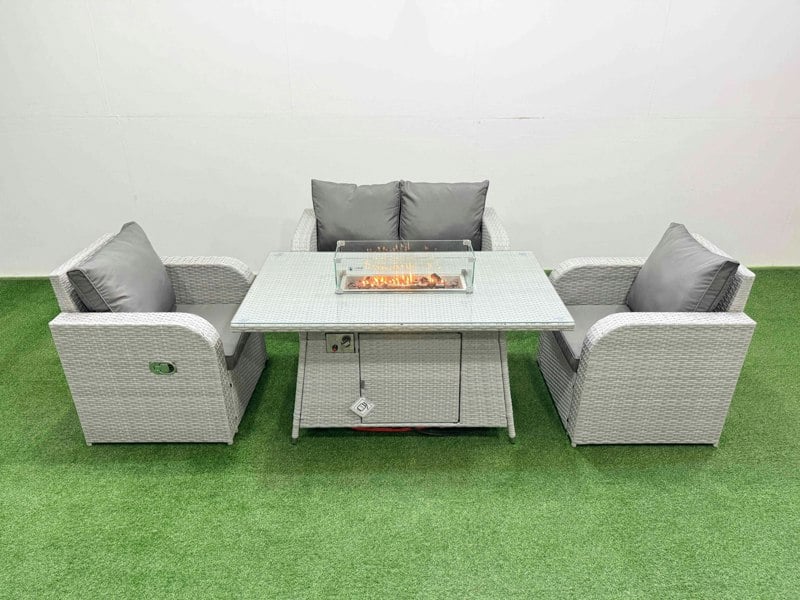 Fimous Light Grey PE Wicker Rattan Garden Furniture Set Sofa Set Reclining Chair Fire Pit Dining Table 4 Seater