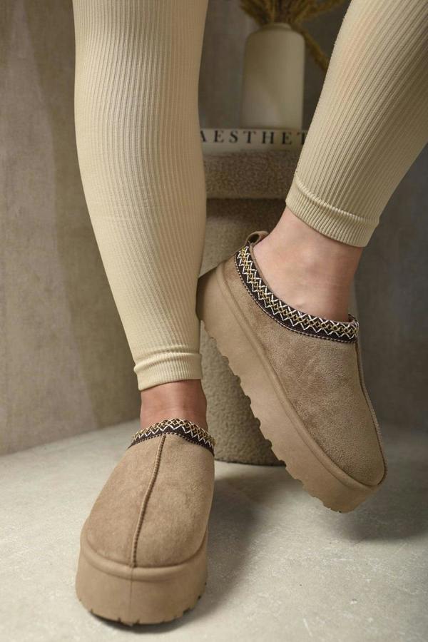 Jolene Aztec Detail Low Ankle Platform Slipper Boots - Camel