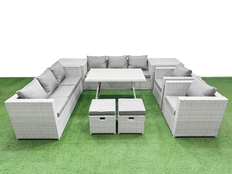 Fimous 10 Seater Garden Furniture Set PE Rattan Garden Sofa Set with Rectangular Dining Table 2 Small Stools 2 Side Tables Light Grey