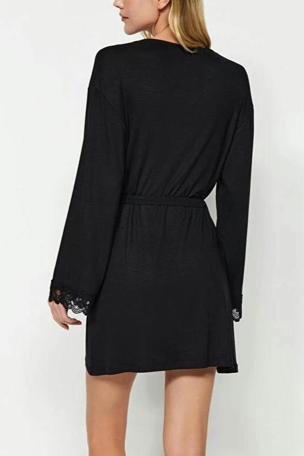 WOVCOR Viscose Knit Dressing Gown with Belt and Lace Detail