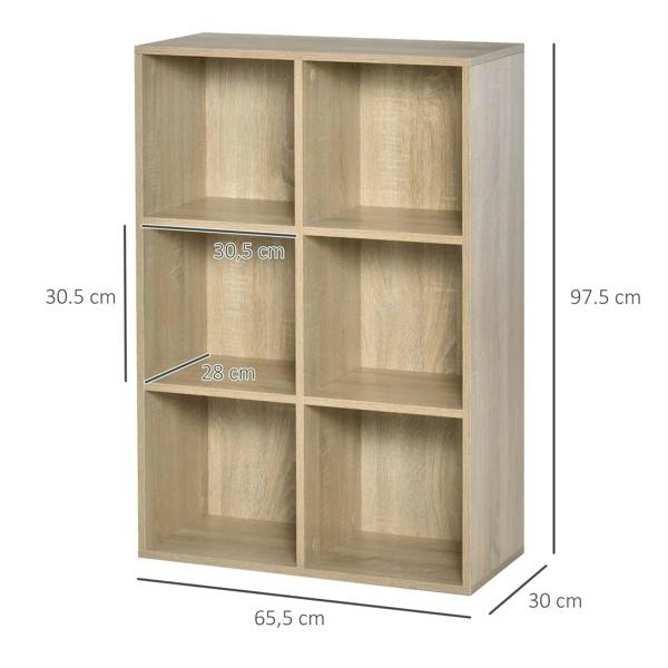 Oak wood effect six-cube bookcase front view with visible size measurements