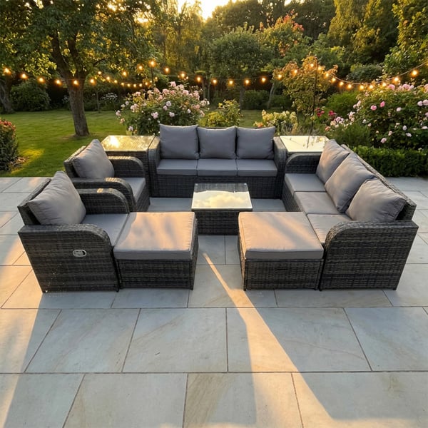 Fimous 10 Seater Rattan Outdoor Lounge Set with Square Coffee Table, 2 Footstools & 2 Side Tables - Dark Grey Mixed