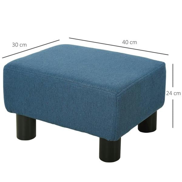 Blue linen cube ottoman footstool with rounded corners and black plastic legs