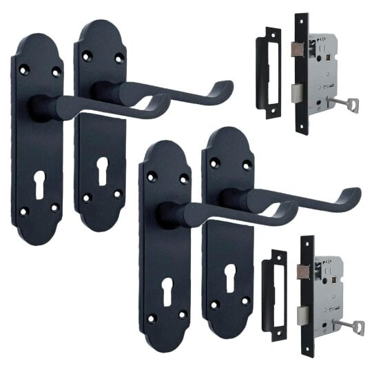 EDH Door Hardware Epsom Matt Black Door Handles, Internal Handles with Bathroom Sash Lock 170mm 2 Pairs