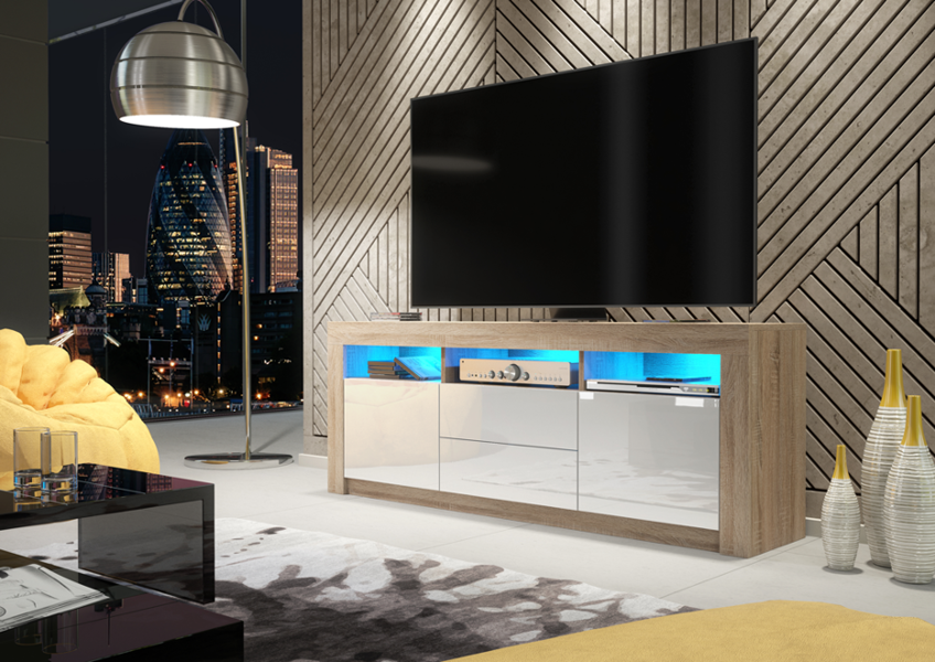 Mex Furniture Spacious 160cm TV Unit & Cabinet with White High Gloss Doors and Free LED