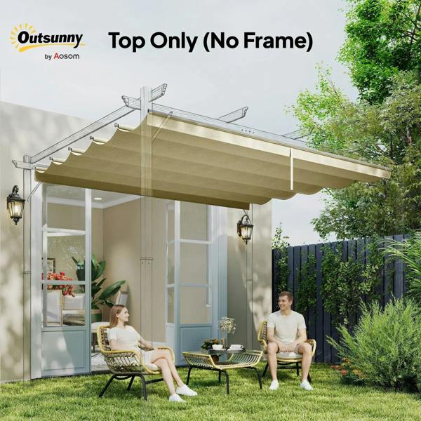 Beige retractable pergola canopy cover, top-only over patio with scalloped front