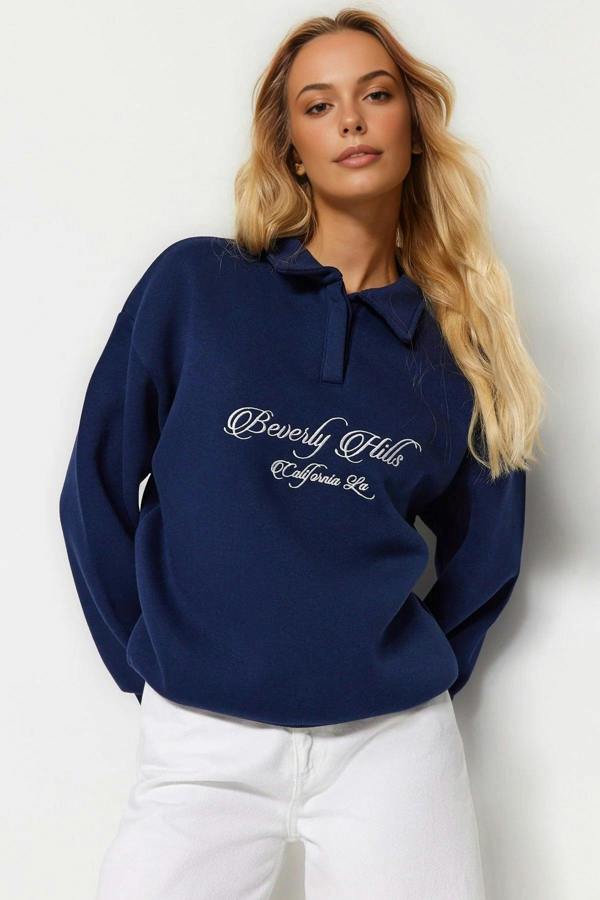 WOVCOR Shirt Collar Slogan Embroidered Polar Fleece Knit Sweatshirt