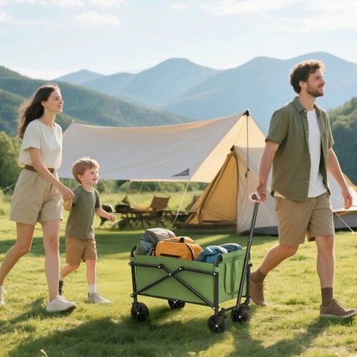 Bobobiy 41L Festival Trolley on Wheels, 60kg Heavy Duty Collapsible Foldable Wagon with Adjustable Handle and Carrying Bag for Beach, Green