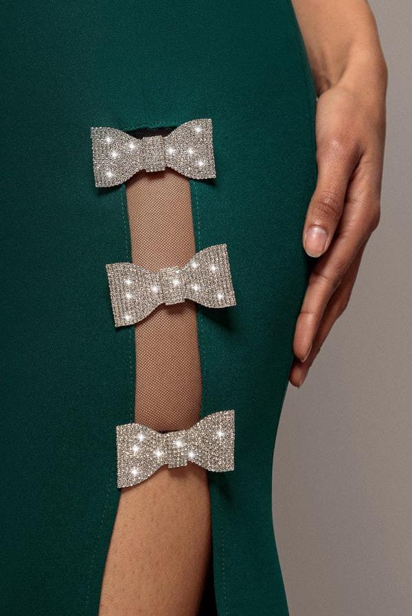 Diamante Brooch Thigh Split Mermaid Maxi Dress - Emerald DR4433