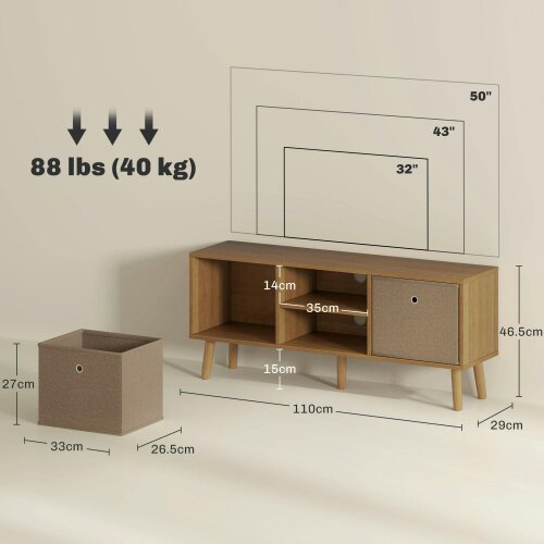 Wyld Haus Linore 110cm Wooden Brown TV Storage Cabinet With Fabric Fold Down Drawers For Screens Up To 50 Inches