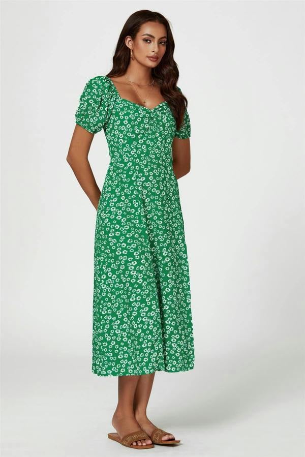 FS Collection Puff Sleeve Heart Neckline Midi Dress In Green