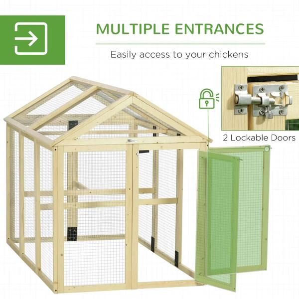 Wooden chicken run with two lockable doors and wire mesh walls, natural wood finish