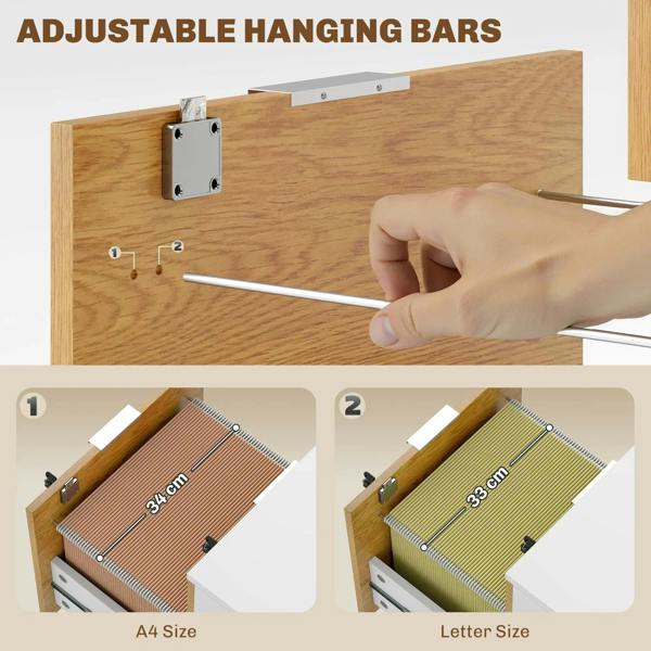Adjustable hanging bars inside wood-effect filing cabinet drawers with lock hardware