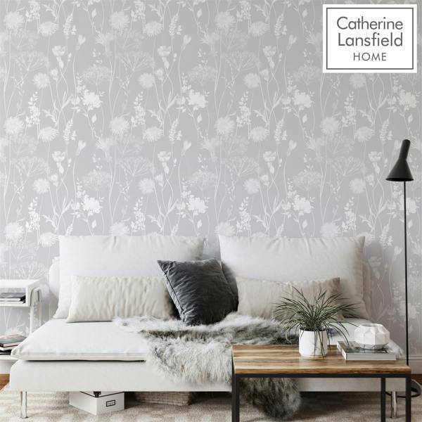 Catherine Lansfield Meadowsweet Floral Grey Wallpaper