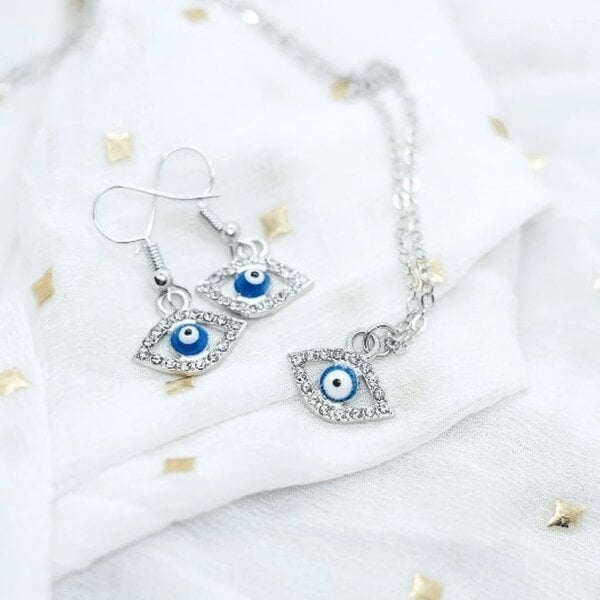 The Colourful Aura Silver Gold Protection Evil Eye Zircon Charm Hamsa Dangle Drop Hook Earrings