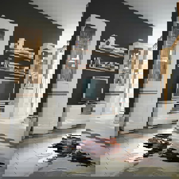 Furniture To Go Chelsea Tall Glazed Narrow Display unit (RHD) in White with Oak Trim