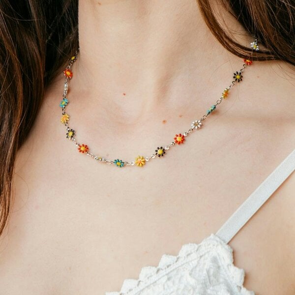 The Colourful Aura Silver Colourful Daisy Sun Flower Charms Indie Summer Boho Choker Necklace