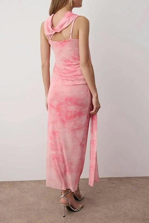 WOVCOR Scarf Detail Tulle Maxi Knit Dress