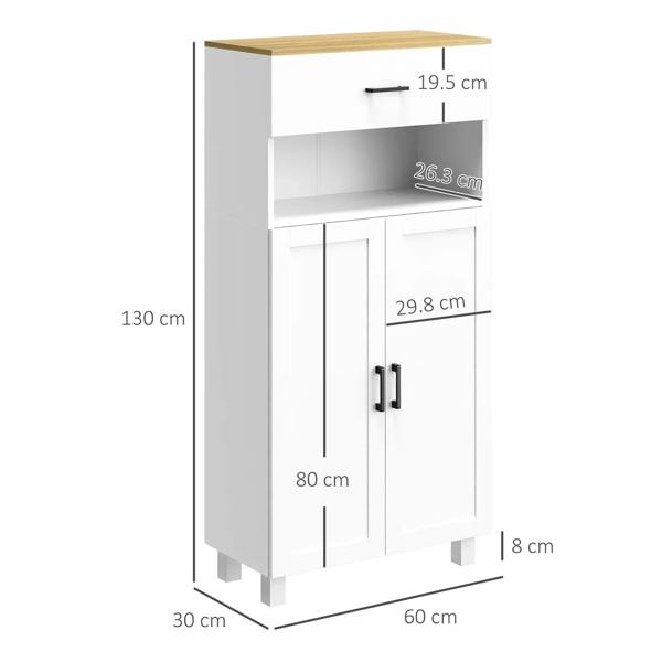 White sideboard with open counter, drawer, and two-door cabinet; freestanding legs