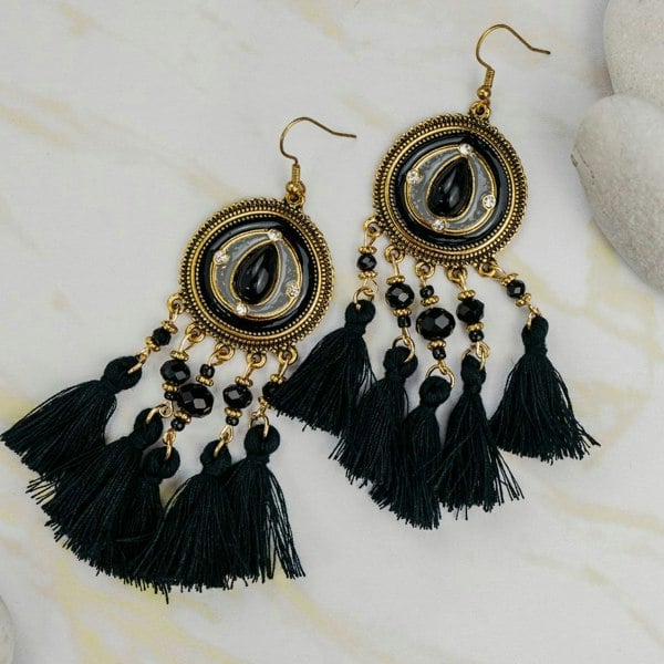 The Colourful Aura Long Round Enamel White Tassel Indian Boho Drop Ethnic Dangle Bridal Earring