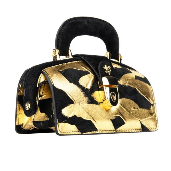 Embassy London Gazelle Mini - Gold & Black - Mini top handle structured bag in Italian leather with LED