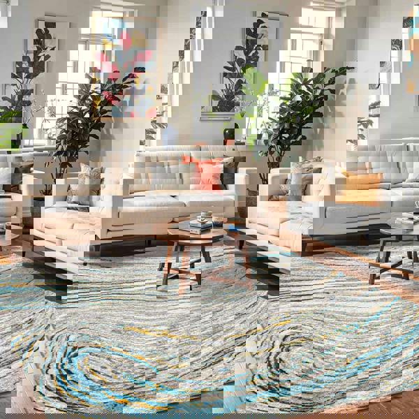 Livabliss San Francisco-Modern Blue Grey Yellow Graphic Rug