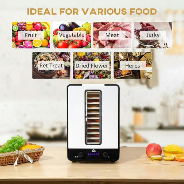 White 11-tray food dehydrator on countertop with front glass observation window