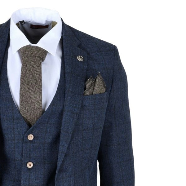 TruClothing IM11 - Men's Navy 3 Piece Plaid Check Suit