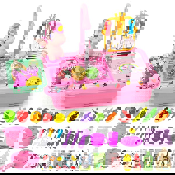 deAO Toys Unicorn Kitchen Sink Playset – Pretend Food, Cookware, Hanging Rack & Storage. Fun Role-Play Toy for Kids