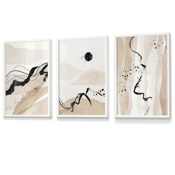 Set of 3 Abstract Beige and Black Landscape Wall Art Prints / Framed | Artze Wall Art UK