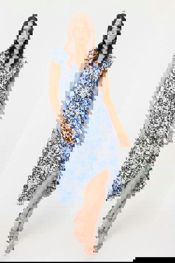 Blue | Printed Tie Waist Midi Wrap Dress