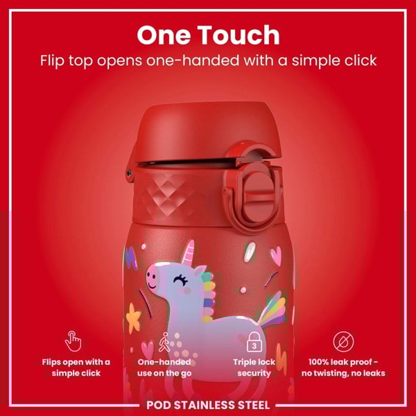 ION8 Leak Proof Kids Water Bottle, Stainless Steel, Red Unicorns, 400ml (13oz)