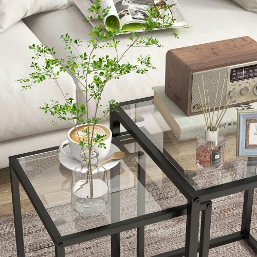 Wyld Haus Riraro Metal Black Set Of 2 Nesting Side Tables With Glass Tops