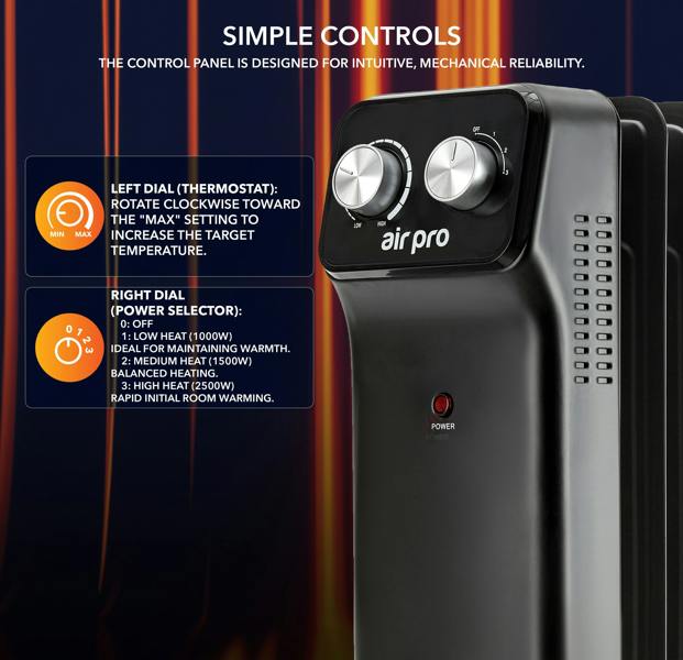 AIR PRO Oil-Filled Electric Radiator 2500W, Adjustable Thermostat, 3 Settings