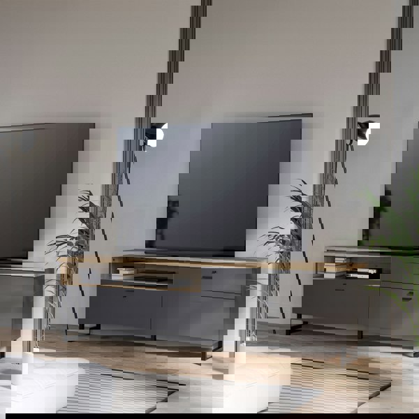 Furniture To Go Klara TV Unit with 1 Drawer 2 Flip Doors in Grey and Oak