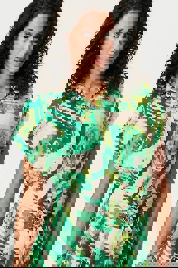 Green | Printed Cap Sleeve Belt Waist Midi Dress
