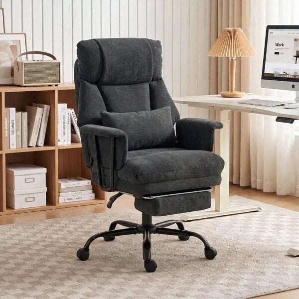 Office Chair, 180kg Heavy Duty Linen Computer Desk Chair with Lumbar Support, Wide Seat, Spring Cushion, Black - Black